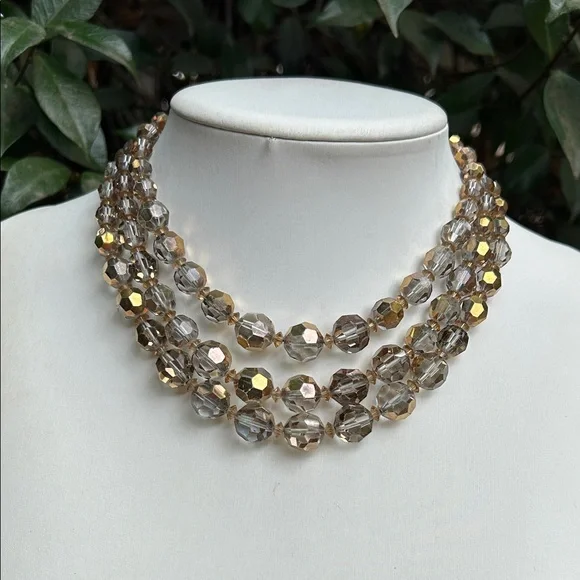 Mid-20th Century Smoky Gold Beaded Faceted Glass Three Strands Choker Necklace - Picture 1 of 5